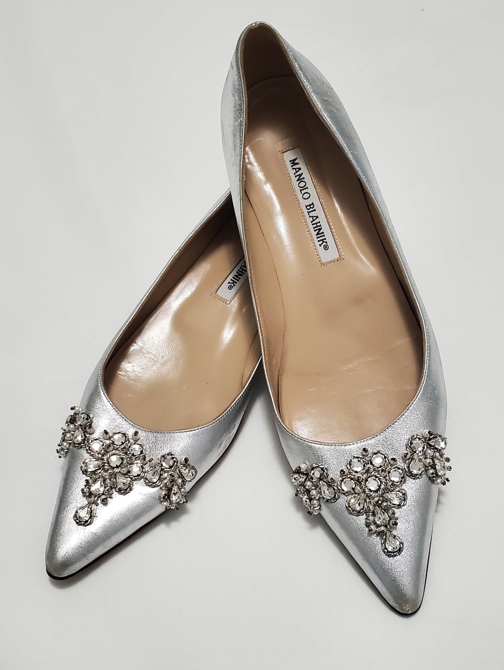 Manolo Blahnik Silver Crystal-Embellished Pointed Flats